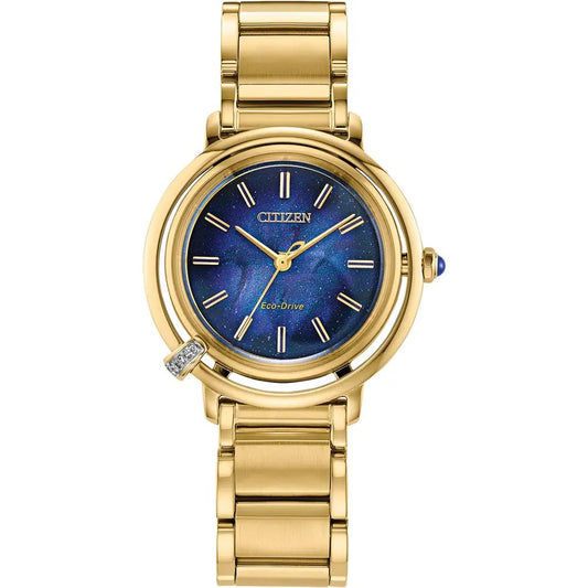 Citizen Damenarmbanduhr mit goldenem Edelstahlband und blauem Zifferblatt, Strichindizes