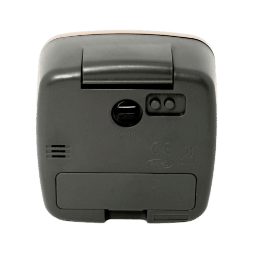 Wecker-Rückseite mit Batteriefach und Schiebereglern, graues Gehäuse
