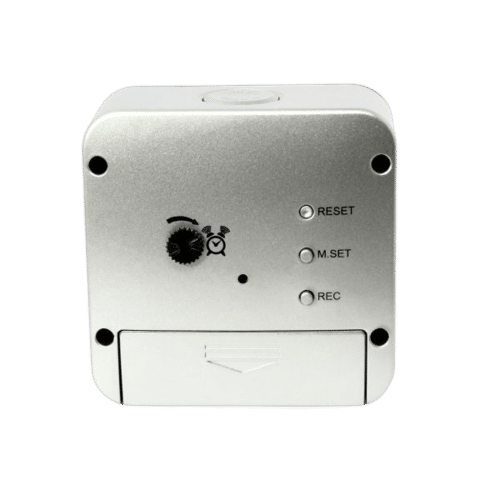 Rückseite der Funk-Wecker Uhr mit Einstellrad und Tasten für Reset und Rec