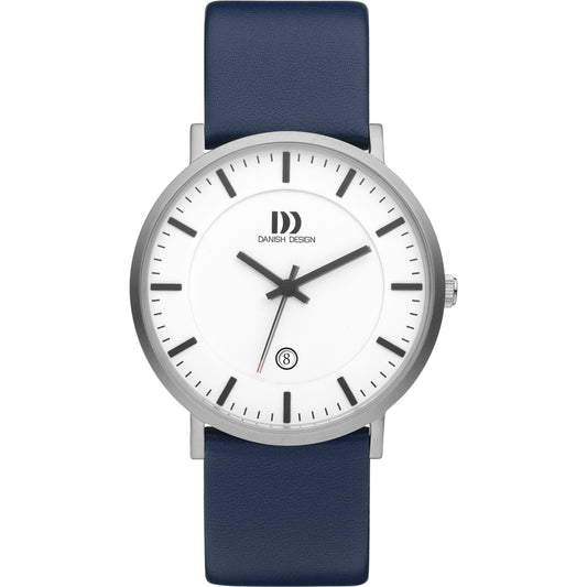 Herrenarmbanduhr mit rundem silbernem Gehäuse, weißem Zifferblatt und blauem Lederarmband
