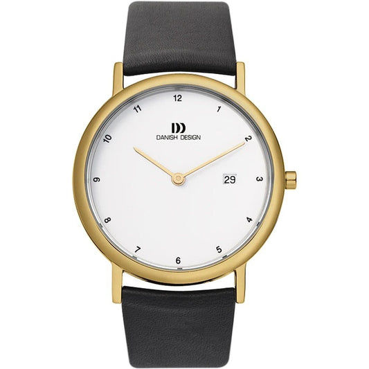 Herrenarmbanduhr von Danish Design mit goldfarbenem Titan-Gehäuse, weißem Zifferblatt, Lederband und Datum