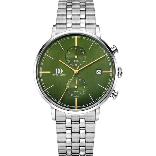 Herrenuhr Danish Design mit grünem Zifferblatt, Chronograph und Datumsanzeige, Edelstahl-Meshband