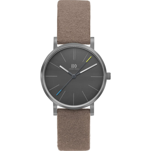 Danish Design Damenuhr mit grauem Lederarmband und dunklem Zifferblatt, Strichindizes, 3 Zeiger.