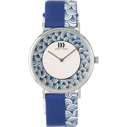 Danish Design Damenarmbanduhr mit blauem Lederarmband, weißem Zifferblatt und Delfter Wellenmuster