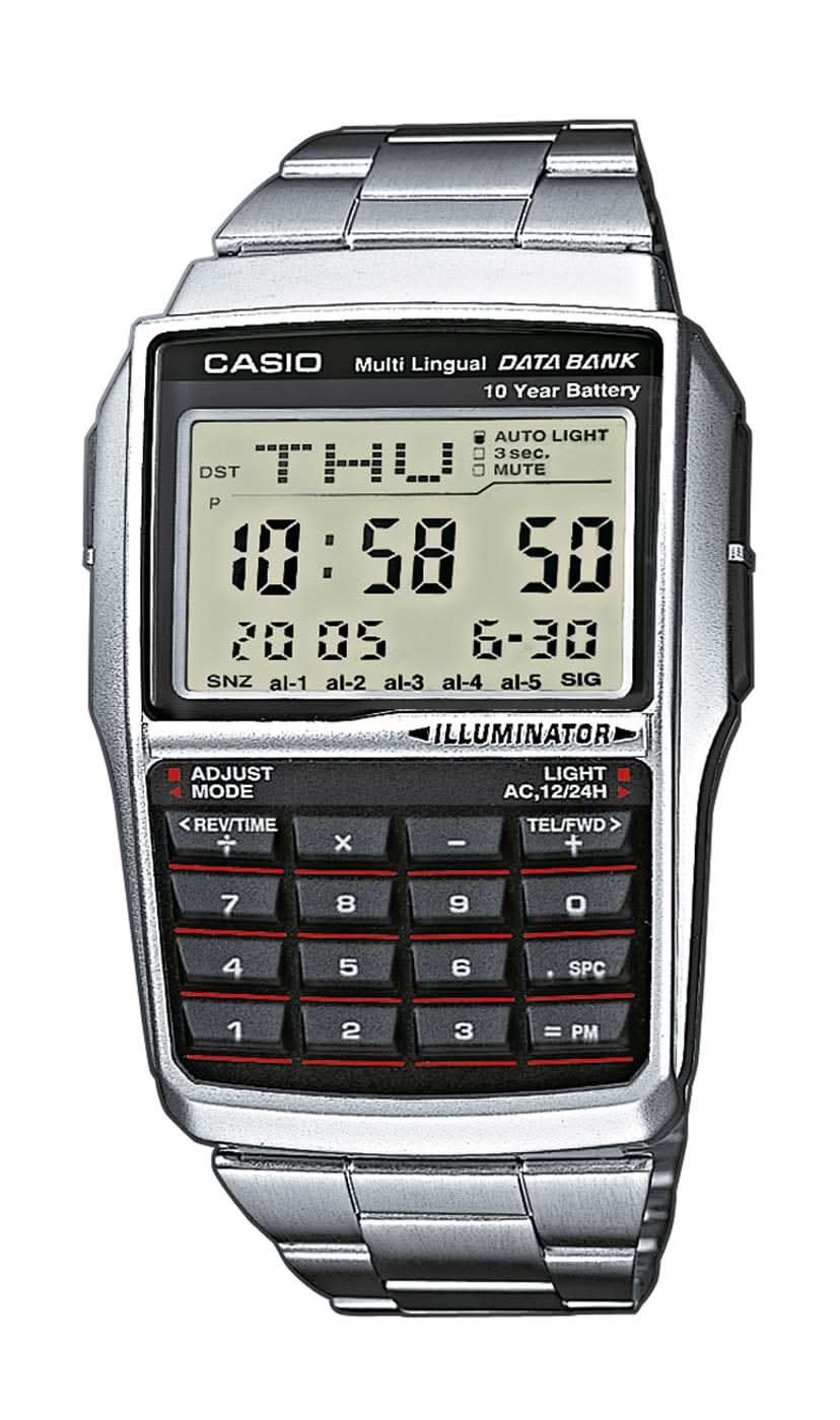 Casio Reloj para hombre con correa de metal plateado y pantalla LCD con diseño de calculadora/base de datos