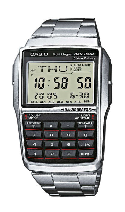 Casio Reloj para hombre con correa de metal plateado y pantalla LCD con diseño de calculadora/base de datos
