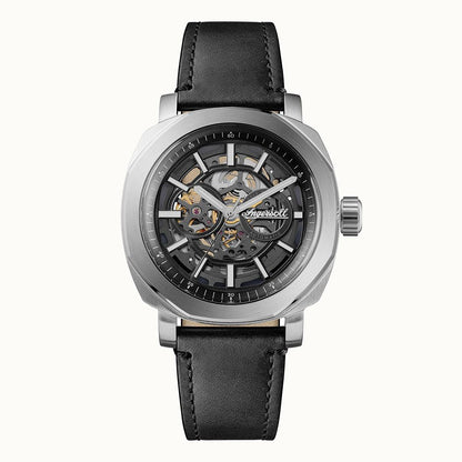 Ingersoll Herren-Armbanduhr mit schwarzem Zifferblatt, Skelettwerk, schwarzem Lederarmband