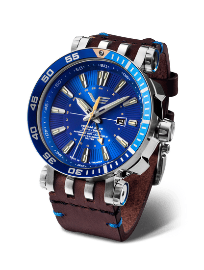 Vostok Europe herrklocka med blå urtavla, GMT och brunt läderarmband