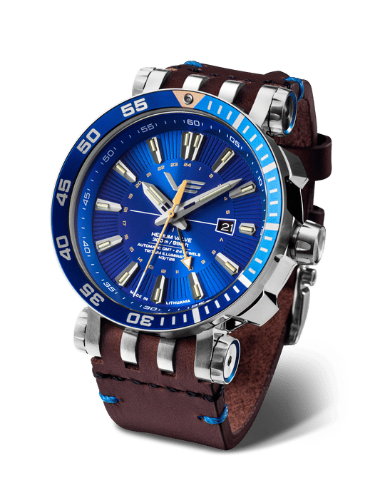 Vostok Europe herrklocka med blå urtavla, GMT och brunt läderarmband
