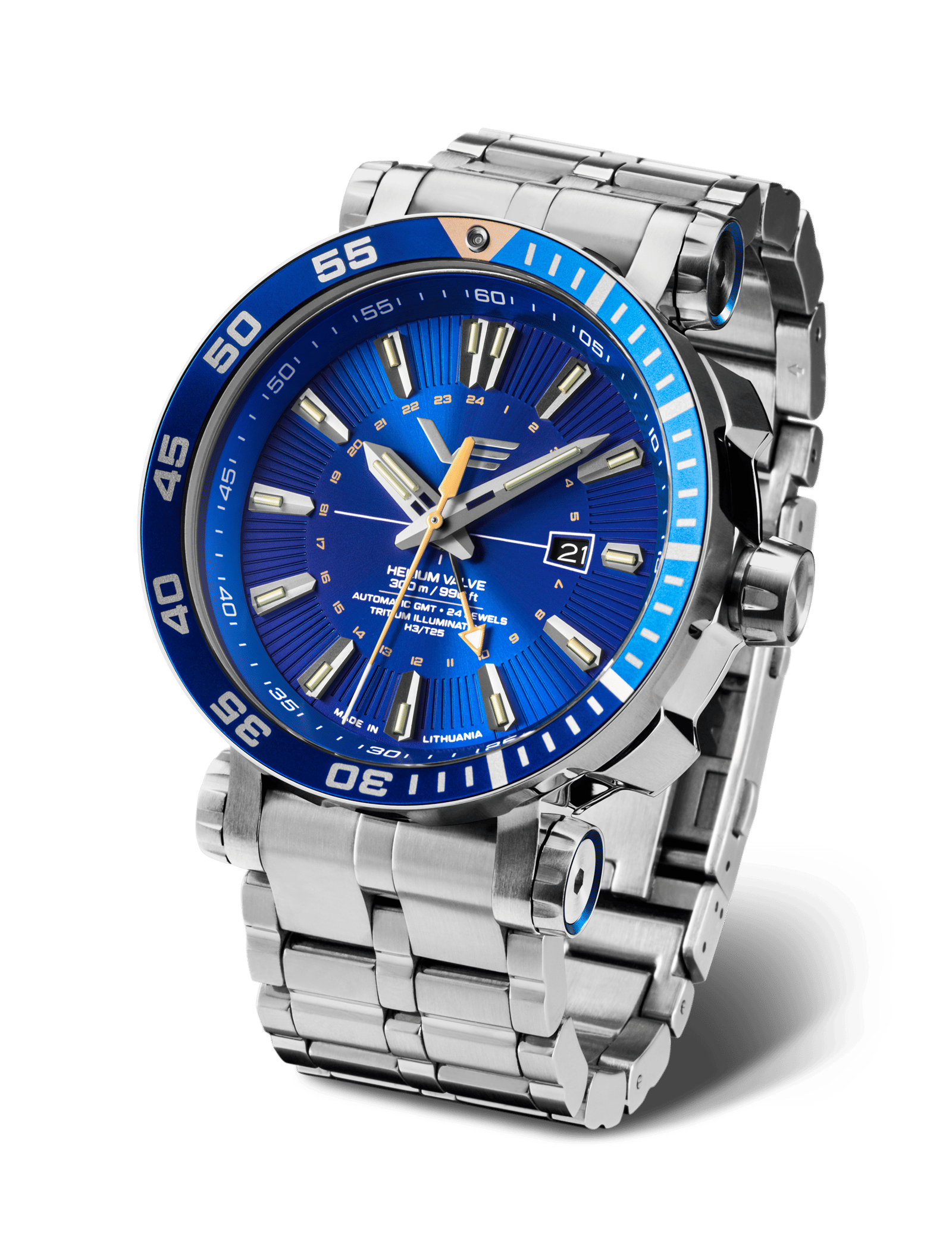 Vostok Europe herrklocka med blå urtavla, GMT och armband i rostfritt stål