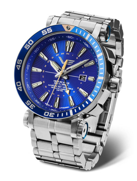 Vostok Europe Energia Herrenuhr mit blauem Zifferblatt, Edelstahlarmband und GMT-Anzeige