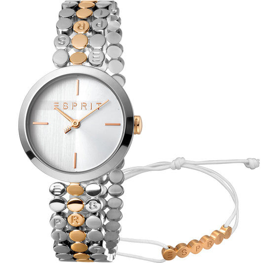 Esprit Armbanduhr, zweifarbiges Edelstahlband (silber/roségold), weißes Zifferblatt