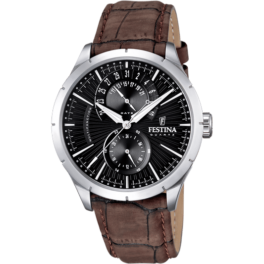 Festina F16573/4 Herrenuhr Multifunktion • Stahlgehäuse mit Mineralglas • Braunes Lederarmband