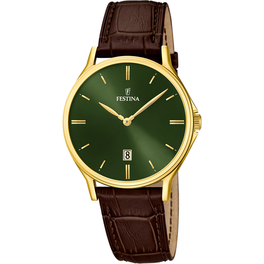 Festina Herrenarmbanduhr: grünes Zifferblatt, Datum, braunes Lederarmband