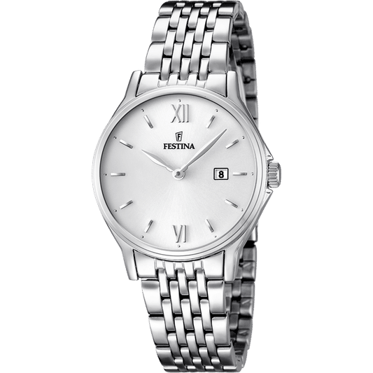 Festina Damenuhr mit weißem Zifferblatt und silbernem Metallarmband, Mineralglas