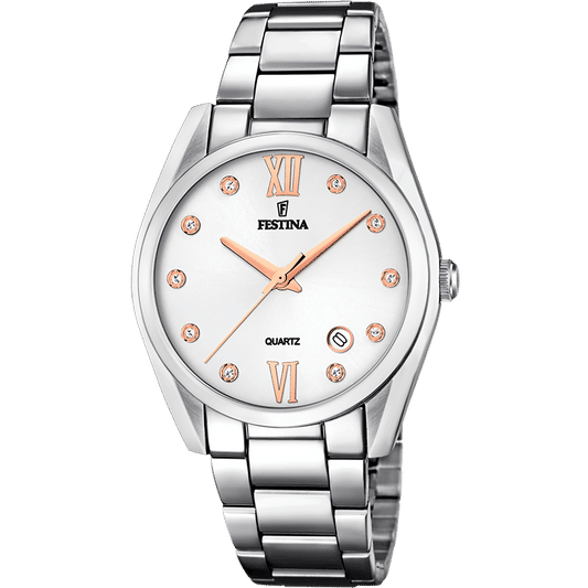 Festina Damenuhr mit silbernem Edelstahlarmband, rundem Zifferblatt mit römischen Zahlen