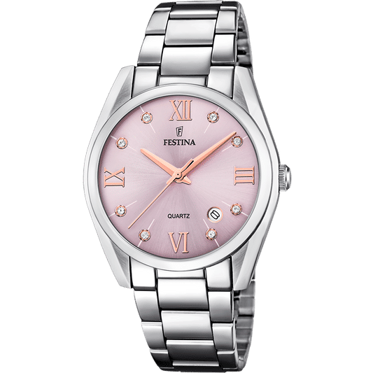 Festina Damenuhr mit silberfarbenem Metallarmband und rosafarbenem Zifferblatt, Quarz