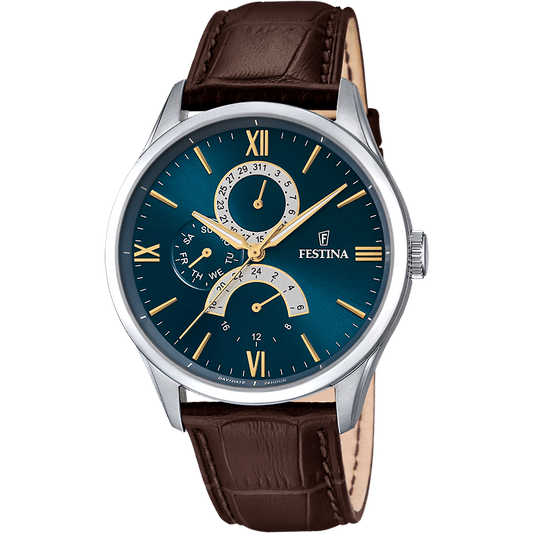 Festina F16823/A Retro Herrenuhr Blau • Blaues Zifferblatt mit Multifunktion • Braunes Lederarmband