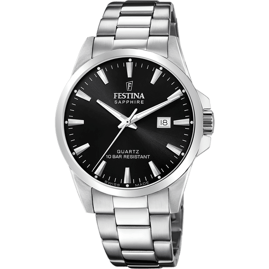 Silberne Herrenuhr mit schwarzem Zifferblatt, Datumsfenster und Edelstahlarmband.