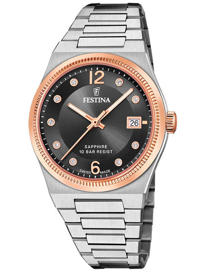 Festina Rivé F20037/3 Damenuhr Schwarz • Saphirglas • Swiss Made Quarzwerk
