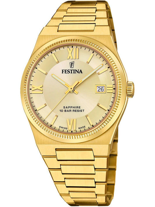 Goldfarbene Herrenuhr mit Gliederarmband, rundem Zifferblatt und Datumsfenster