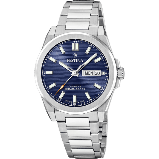 Festina Herrenarmbanduhr mit blauem Zifferblatt, Edelstahlgehäuse und -armband, Datumsanzeige