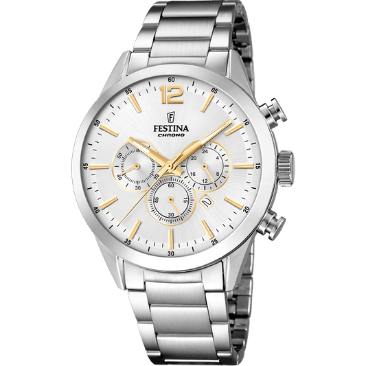 Festina Herrenuhr-Chronograph mit silbernem Edelstahlband, weißem Zifferblatt und goldenen Akzenten