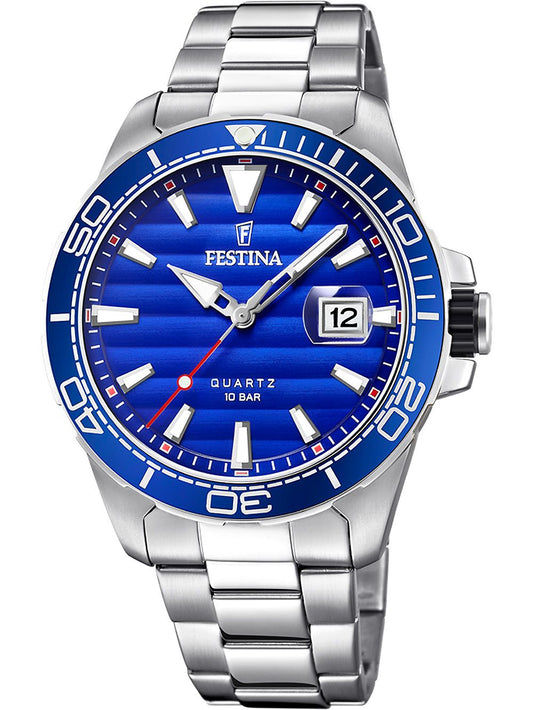 Festina Herrenuhr mit blauem Zifferblatt, Edelstahlband und Datumsfenster