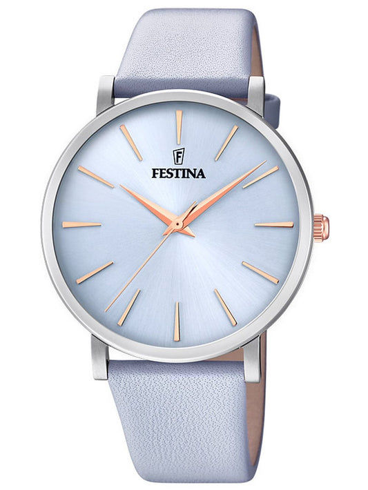 Festina Damenuhr mit rundem Gehäuse, blauem Zifferblatt und beigem? blauem Kalbslederarmband