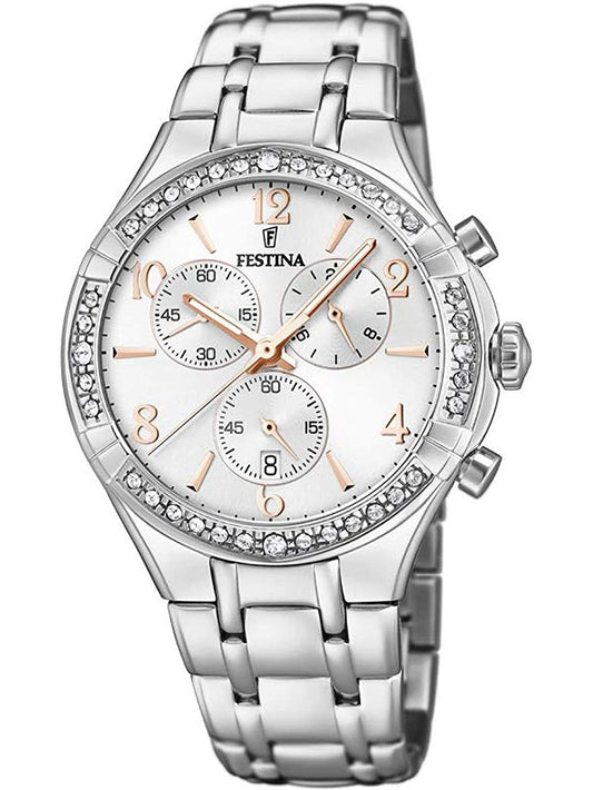 Festina Damen-Armbanduhr mit silbernem Edelstahlband und Chronograph-Zifferblatt, Strass-Lünette