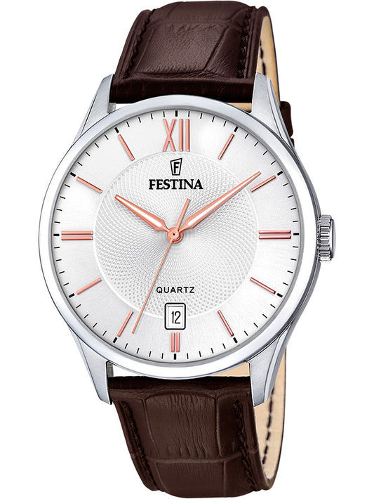 Zegarek męski Festina z okrągłą metalową kopertą, białą tarczą i brązowym skórzanym paskiem