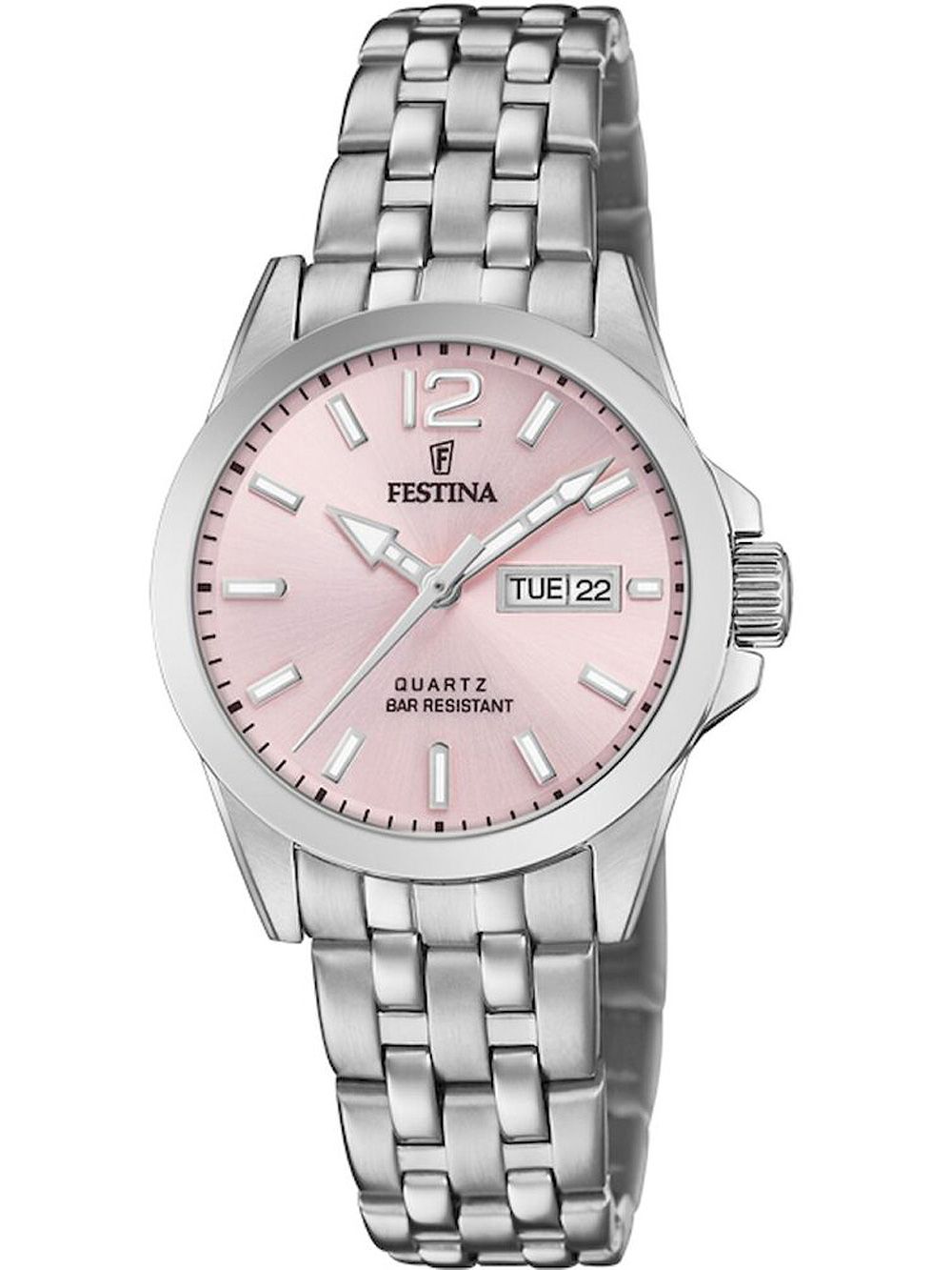 Zegarek damski Festina ze srebrną metalową bransoletą, różową tarczą i datownikiem