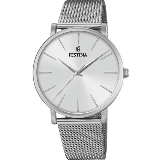 Festina Damenuhr Boyfriend: weißes Zifferblatt, silbernes Edelstahl-Mesharmband