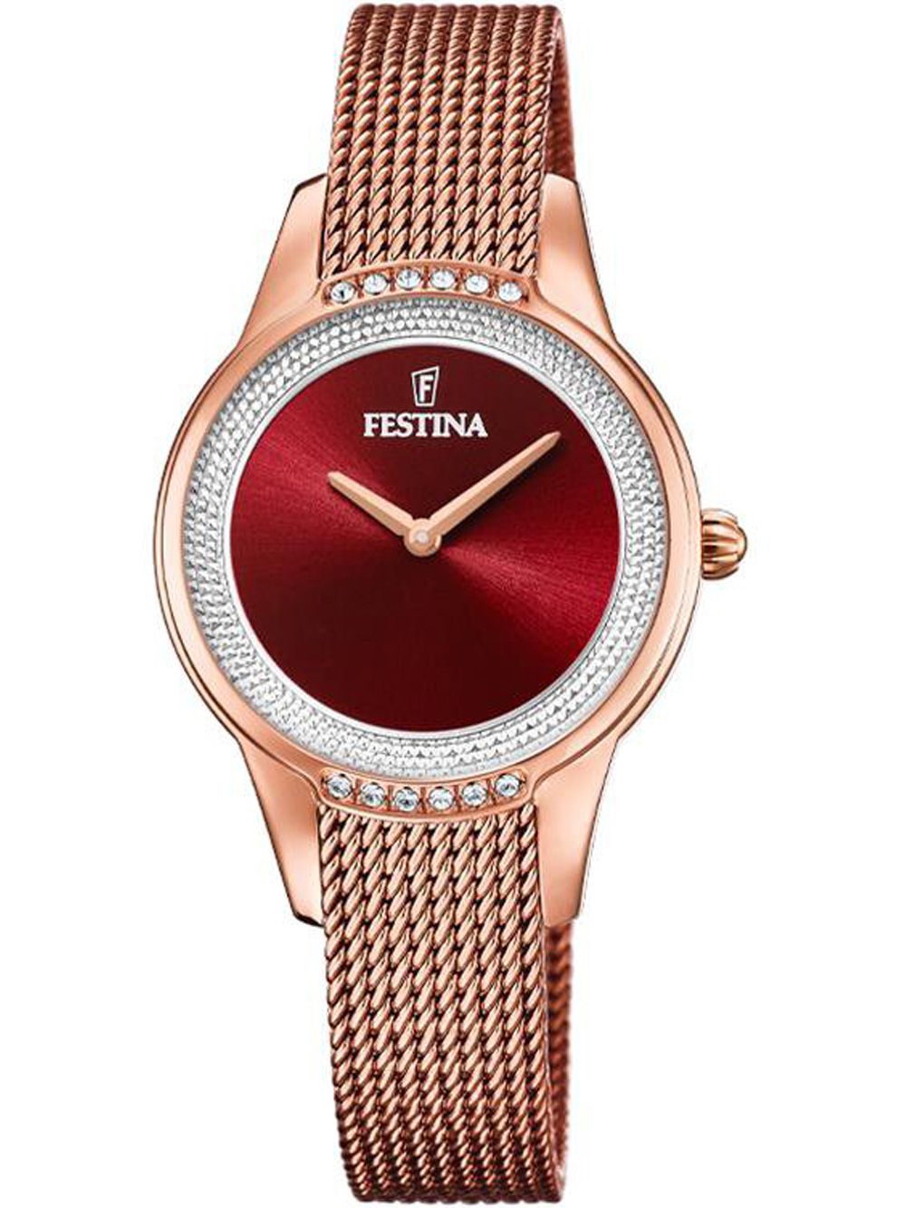 Zegarek damski Festina Mademoiselle z czerwoną tarczą, lunetą z cyrkoniami i bransoletą typu mesh