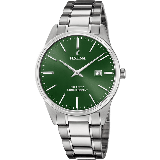 Festina Herrenuhr mit grünem Zifferblatt, Edelstahlband und Datumsanzeige bei 12