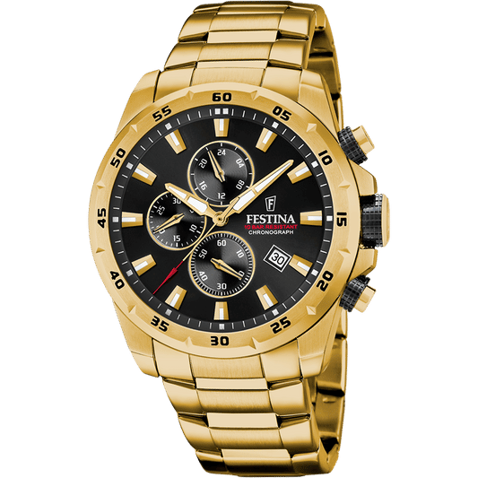 Herren-Chronograph: goldfarbenes Edelstahlband, schwarzes Zifferblatt mit Datumsfenster