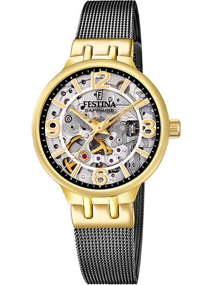 Festina Automatik F20580/2 Damenuhr • Saphirglas • Schwarzes Milanaise-Armband