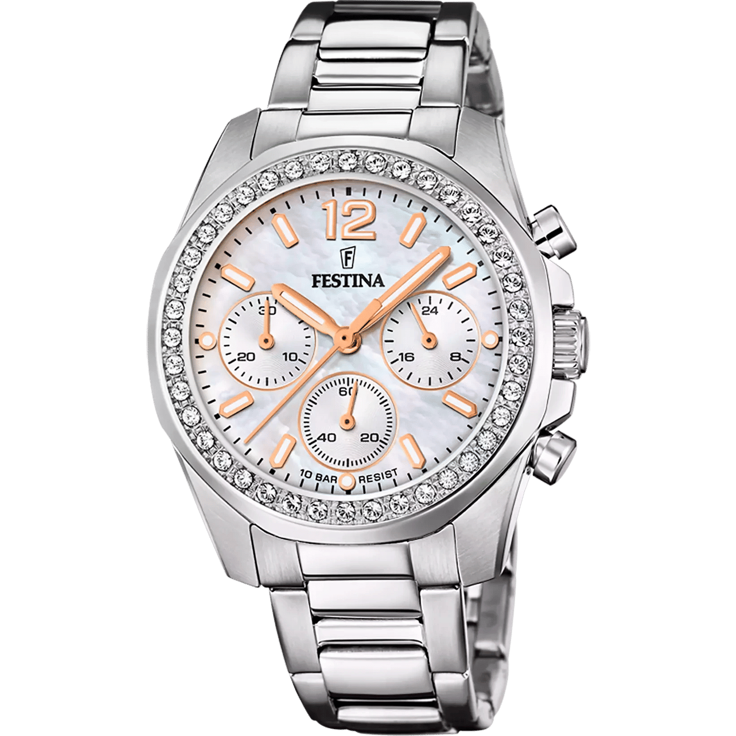 Reloj Festina para mujer con esfera de cronógrafo, bisel de cristal y brazalete de acero inoxidable