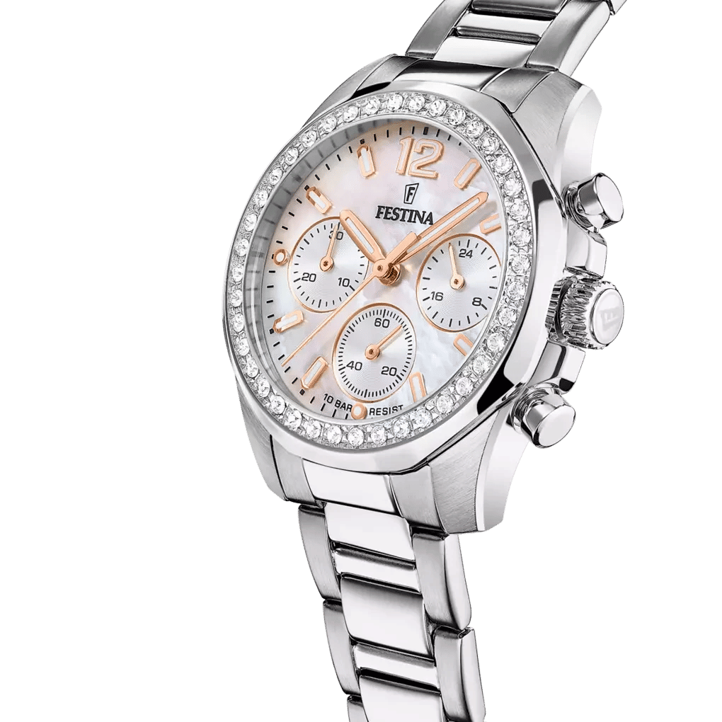 "Festina Reloj de Mujer con Esferas de Cronógrafo, Bisel de Cristal y Brazalete de Acero Inoxidable"
