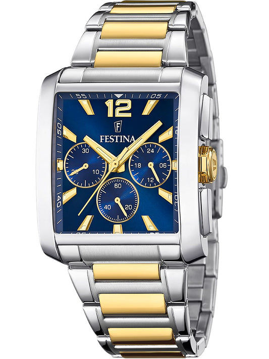 Chronographenuhr für Herren mit blauem Zifferblatt, zweifarbigem Edelstahlarmband, goldene Akzente