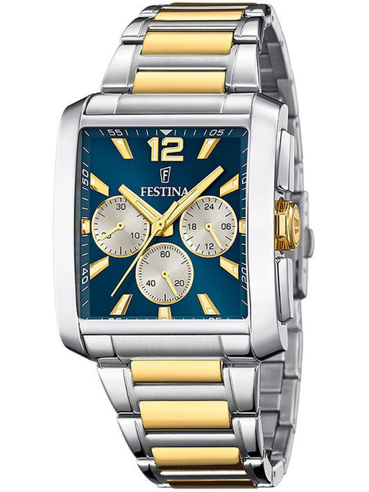 Herren-Chronograph mit blauem Zifferblatt, goldenen Akzenten und Edelstahlarmband