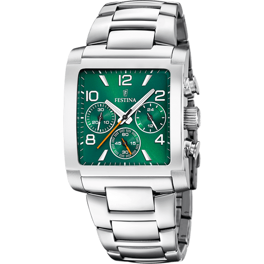 Festina Herrenchronograph mit grünem Zifferblatt und Stahlarmband, Mineralglas