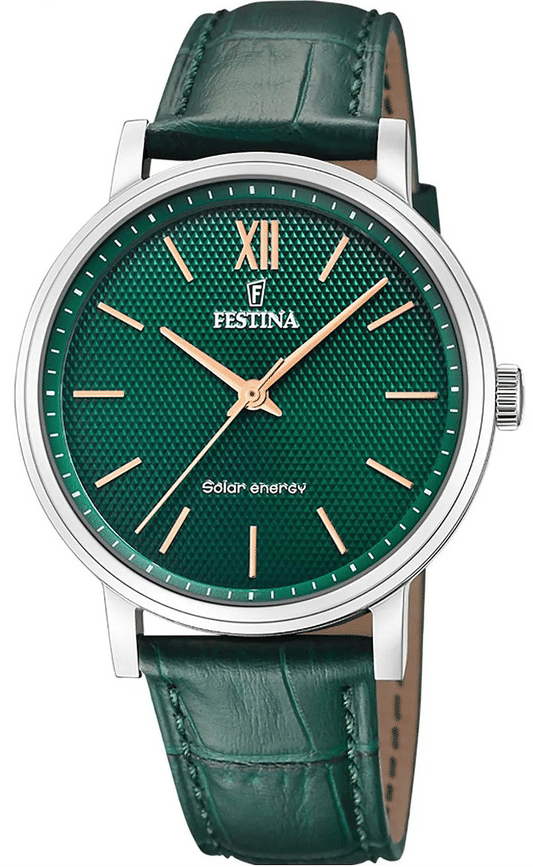 Festina herrklocka med grönt läderarmband och grön urtavla, romerska siffror