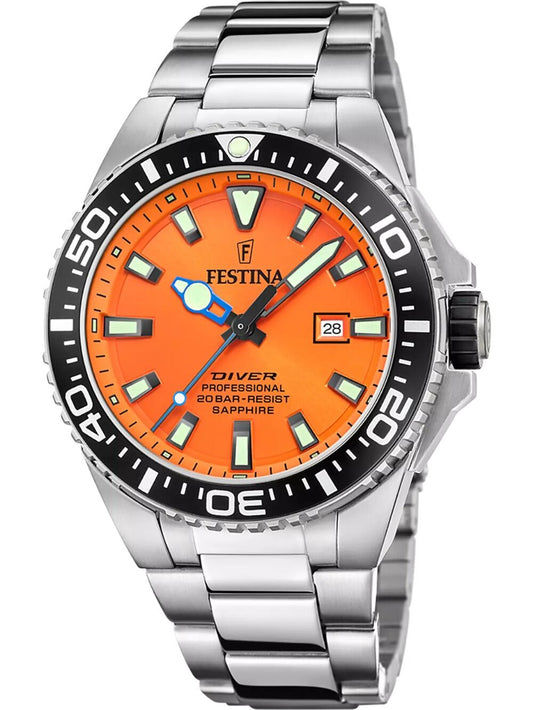 Herren-Taucheruhr mit orangefarbenem Zifferblatt, Edelstahllünette und Metallarmband