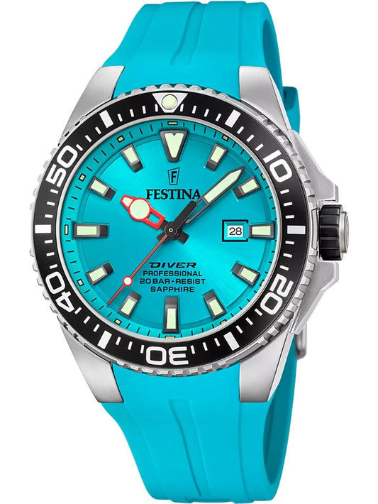 Festina Taucheruhr für Herren: türkises Silikonarmband, Edelstahlgehäuse, schwarze Lünette