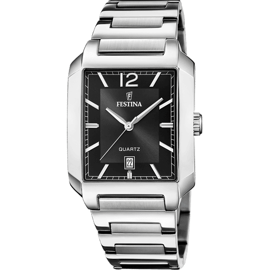 Festina Herrenarmbanduhr mit schwarzem Zifferblatt, quadratischem Gehäuse und Edelstahlband