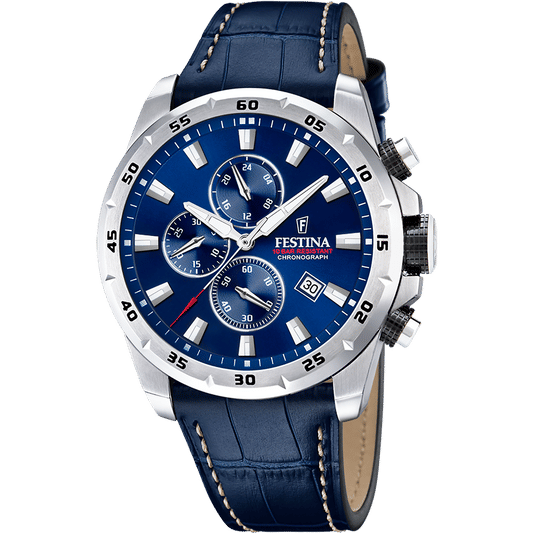 Festina Herrenuhr Chronograph mit blauem Zifferblatt, Lederarmband und Datumsanzeige
