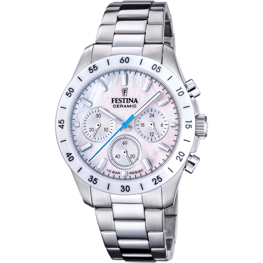 Festina Chronograph-Uhr mit weißem Zifferblatt, Keramikgehäuse und Metallband, 39 mm