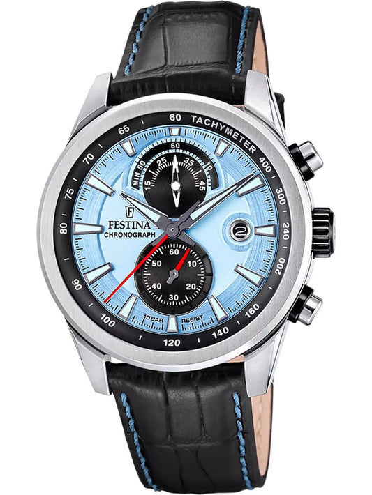 Festina-Chronograph-Herrenuhr mit blauem Zifferblatt, Edelstahlgehäuse und Lederarmband