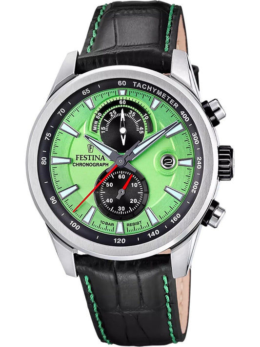Festina Herren-Chronograph mit grünem Zifferblatt, Edelstahlgehäuse und schwarzem Lederarmband
